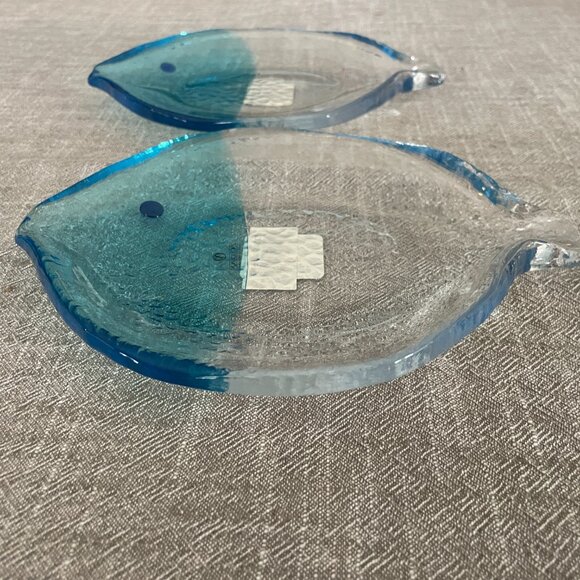 Zodax Other - Set Of 2 Aqua Blue & Clear Textured Art Glass Fish Plates By Zodax New Vintage!